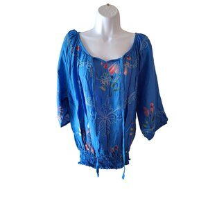 Island Planet Womens  Blouse One Size Blue Floral Embroidered Rayon Boho Peasant